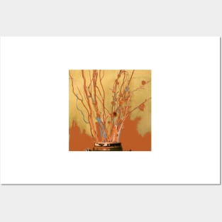 Twigs in Ceramic Jar, photography digital Thanksgiving, orange brown rust tan gold teal Posters and Art